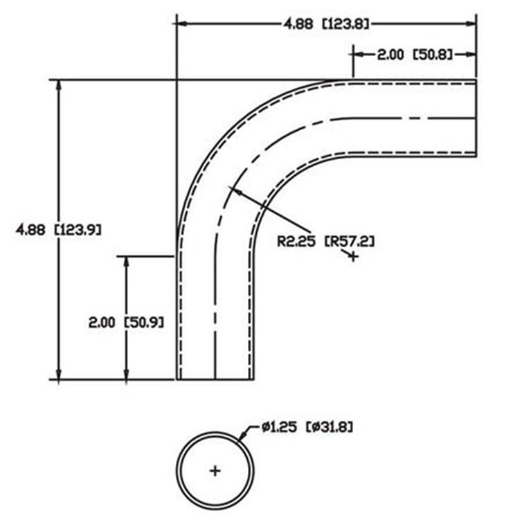 Aluminum Flush-Weld 90? Elbow with Two 2" Tangents, 1-5/8" Inside Diameter for 1.25" Dia Tube 7874