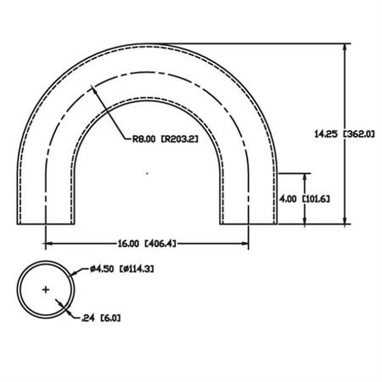 Aluminum Flush-Weld 180? Elbow w/ Two Untrimmed 4" Tangents, 5.75" Inside Radius for 4" Pipe  9645B