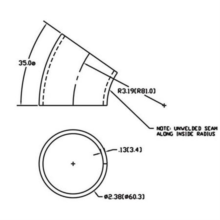 Stainless Steel Flush-Weld 35? Elbow with 2" Inside Radius for 2" Pipe 425