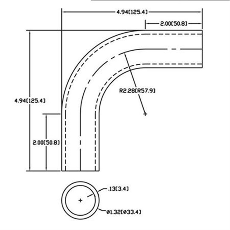 Stainless Steel Flush-Weld 90? Elbow with Two 2" Tangents, 1-5/8" Inside Radius for 1" Pipe 4537