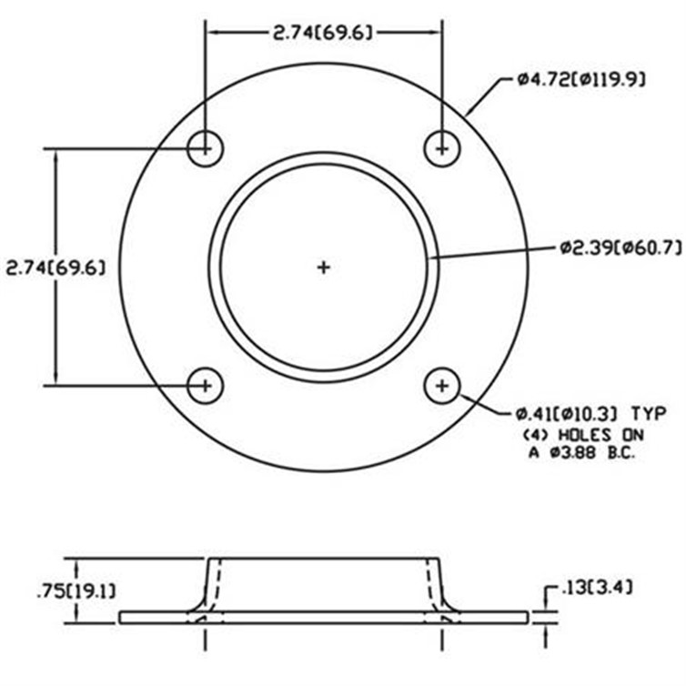 Plain Aluminum Flat Base Flange with 4 Mounting Holes for 2" Pipe 684