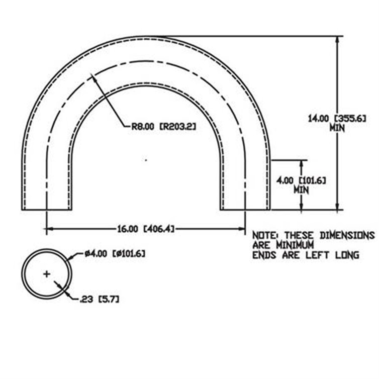 Aluminum Bent Flush-Weld 180? Elbow with Two 2" Untrimmed Tangents, 6" Ins. Radius for 3-1/2" Pipe 91161B
