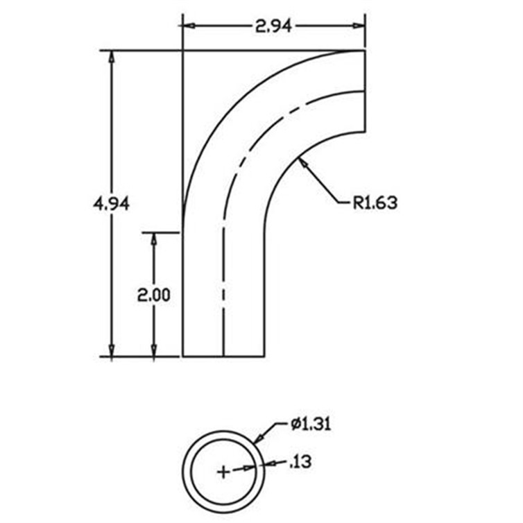 Aluminum Flush-Weld 90? Elbow with One 2" Tangent, 1-5/8" Inside Radius for 1" Pipe 4522