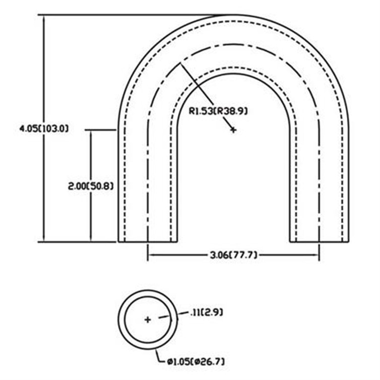 Aluminum Flush-Weld 180? Elbow with Two Untrimmed Tangents, 1" Inside Radius for 3/4" Pipe 169B