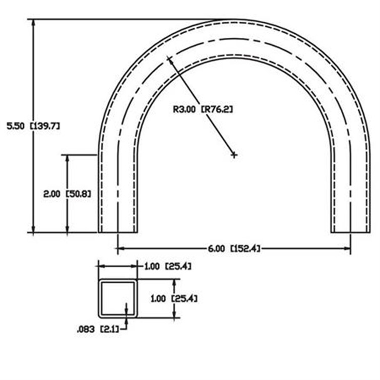 Steel 1" Square Tube Flush-Weld 180? Elbow with Two 2" Tangents, 2-1/2" Inside Radius 6313