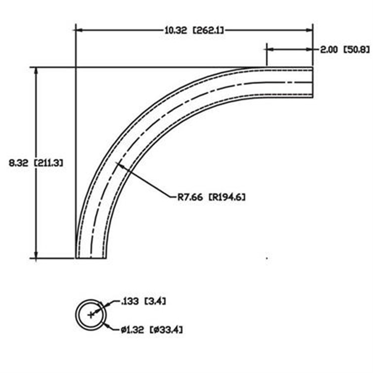 Steel Flush-Weld 90? Elbow with One 2" Tangent, 7.30" Inside Radius for 1" Pipe 8507