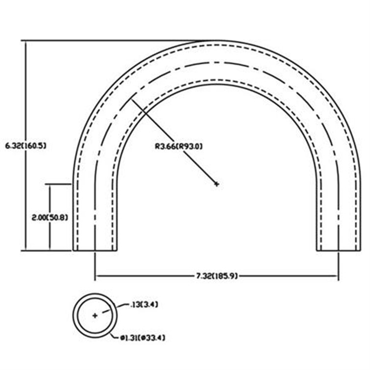 Aluminum Bent Flush-Weld 180? Elbow with Two Untrimmed Tangents, 3" Inside Radius for 1" Pipe  519B