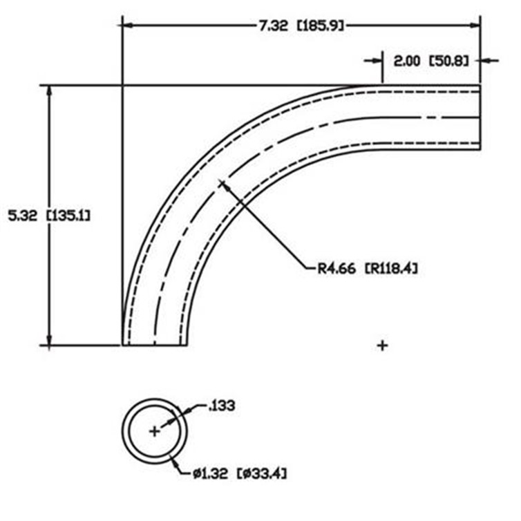 Aluminum Flush-Weld 90? Elbow with One 2" Tangent, 4" Inside Radius for 1" Pipe 5615
