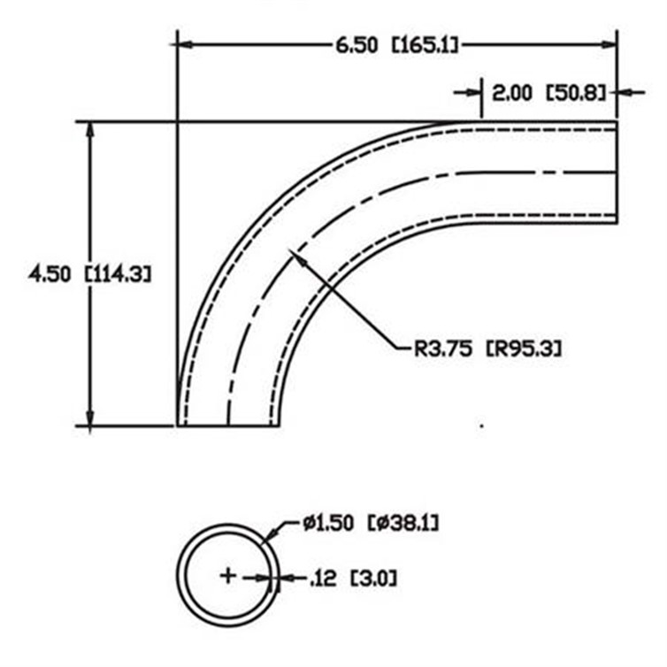 Steel Flush-Weld 90? Elbow with One 2" Tangent, 3" Inside Radius for 1.50" Dia Tube 6957