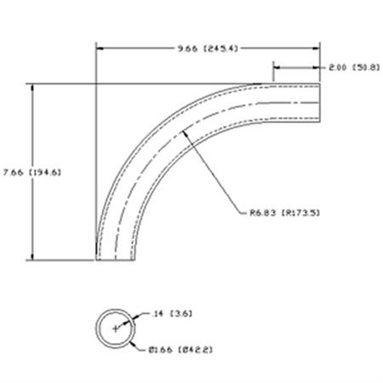 Aluminum Flush-Weld 90? Elbow with One 2" Tangent, 6" Inside Radius for 1-1/4" Pipe 7488