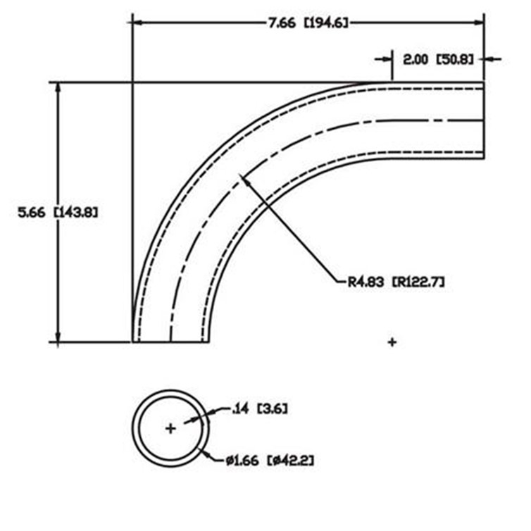 Stainless Steel Flush-Weld 90? Elbow with One 2" Tangent, 4" Inside Radius for 1-1/4" Pipe 5655