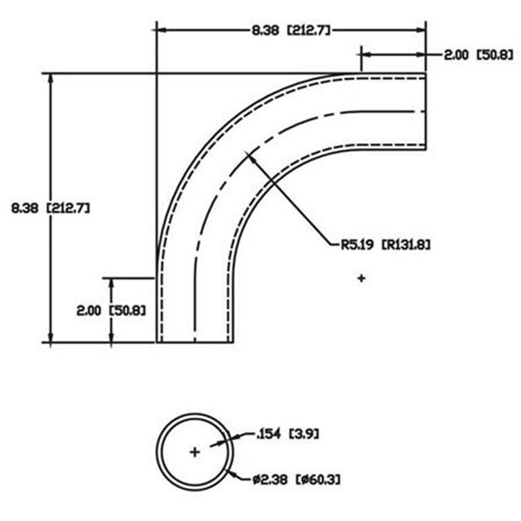 Aluminum Flush-Weld 90? Elbow with Two 2" Tangents, 4" Inside Radius for 2" Pipe 5742