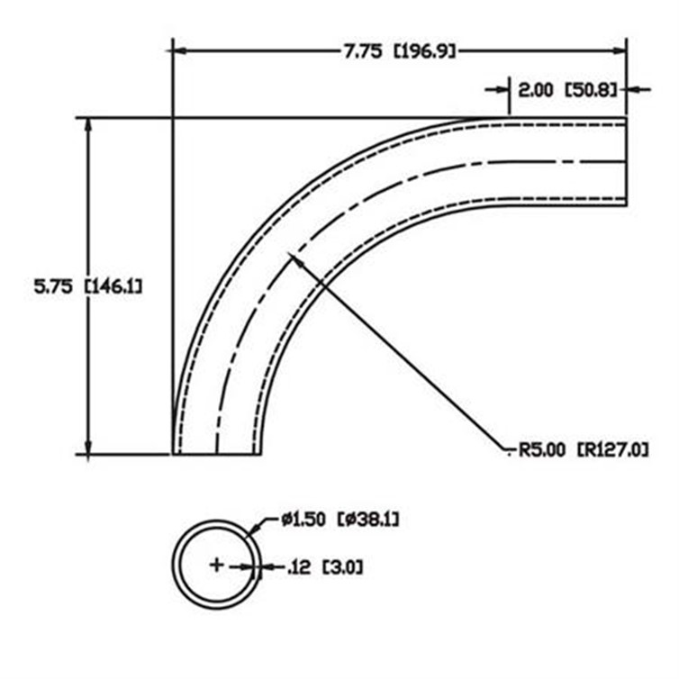 Steel Flush-Weld 90? Elbow with One 2" Tangent, 4.25" Inside Radius for 1.50" Dia Tube  6957-5