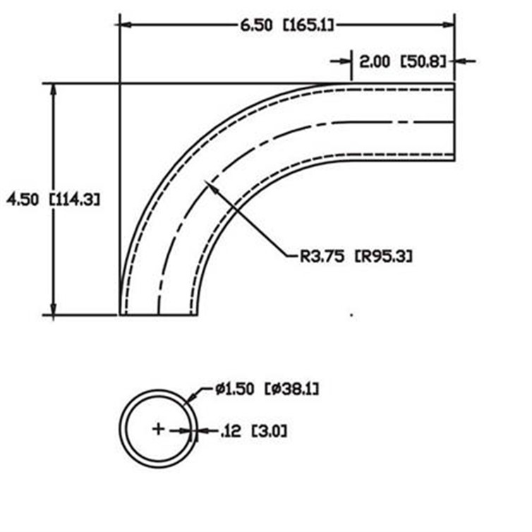 Stainless Steel Flush-Weld 90? Elbow with One 2" Tangent, 3" Inside Radius for 1.50" Dia Tube 6976
