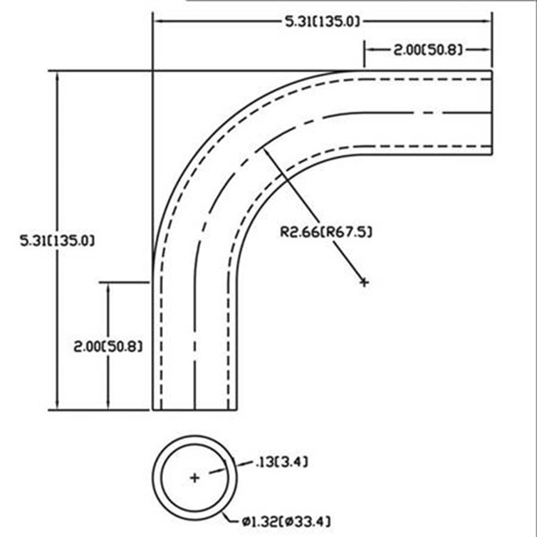 Aluminum Flush-Weld 90? Elbow with Two 2" Tangents, 2" Inside Radius for 1" Pipe 228-2