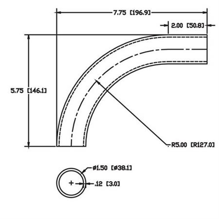 Stainless Steel Flush-Weld 90? Elbow with One 2" Tangents, 4.25" Inside Radius for 1.50" Dia Tube 6976-5