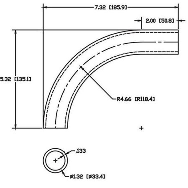 Stainless Steel Flush-Weld 90? Elbow with One 2" Tangent, 4" Inside Radius for 1" Pipe 5625