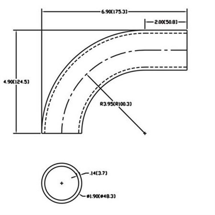 Stainless Steel Bent Flush-Weld 90? Elbow with One 2" Tangent, 3" Inside Radius for 1-1/2" Pipe 391-1