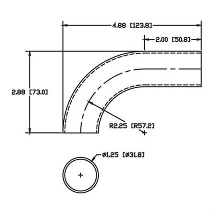 Stainless Steel Flush-Weld 90? Elbow with One 2" Tangent, 1-5/8" Inside Radius for 1.25" Dia Tube 7889T