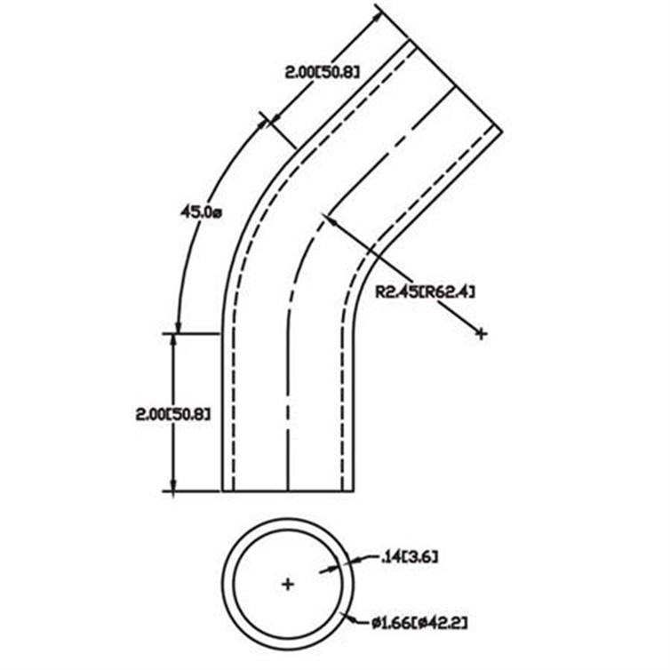 Aluminum Flush-Weld 45? Elbow with Two 2" Tangents, 1-5/8" Inside Radius for 1-1/4" Pipe 4726