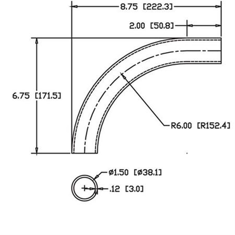 Steel Flush-Weld 90? Elbow with One 2" Tangent, 5.25" Inside Radius for 1.50" Dia Tube  6957-6