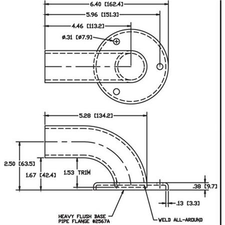 Wagner 3-Hole Aluminum Wall Return with 2-1/2" Projection, 1 Tangent, 1-1/4" Pipe 1109-3