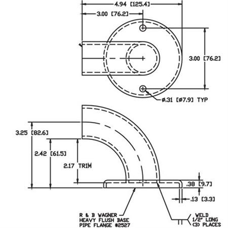 Wagner 2-Hole Steel Wall Return with 3-1/4" Projection, 1-1/4" Pipe 1160-2