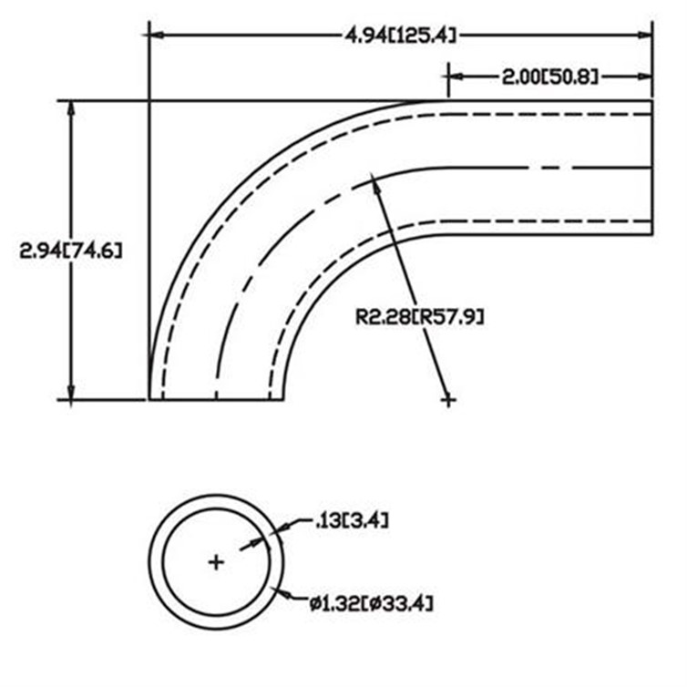 Stainless Steel Flush-Weld 90? Elbow with One 2" Tangent, 1-5/8" Inside Radius for 1" Pipe 4536