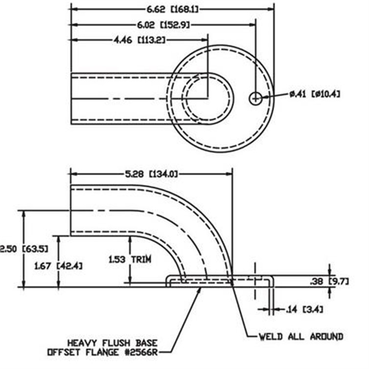 Wagner 1-Hole Aluminum Wall Return with 2-1/2" Projection, 1 Tangent, 1-1/4" Pipe 1109-1