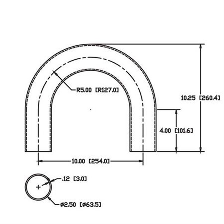 Aluminum Flush-Weld 180? Elbow with Two 4" Tangents, 3.75" Inside Radius for 2.50" Dia Tube  9615