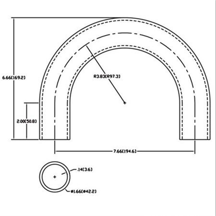 Aluminum Bent, Flush Weld 180? Elbow with Two 2" Tangents, 3" Inside Radius for 1-1/4" Pipe 295-6