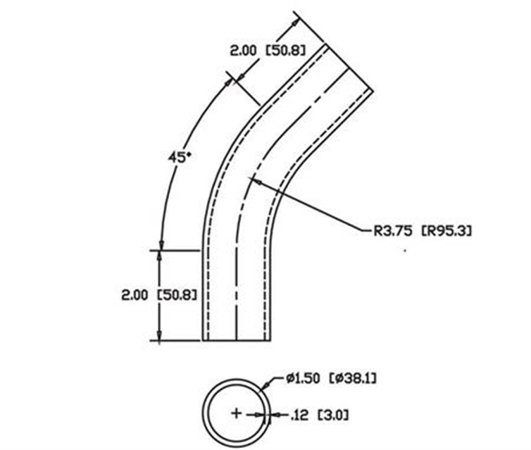 Stainless Steel Flush-Weld 45? Elbow with Two 2" Tangents, 3" Inside Radius for 1.50" Tube OD 6973