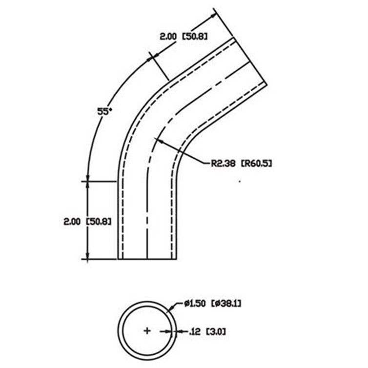 Stainless Steel Flush-Weld 55? Elbow with Two 2" Tangents, 1-5/8" Inside Radius for 1.50" Dia Tube 6937