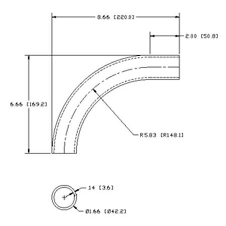 Stainless Steel Flush-Weld 90? Elbow with One 2" Tangent, 5" Inside Radius for 1-1/4" Pipe 7108