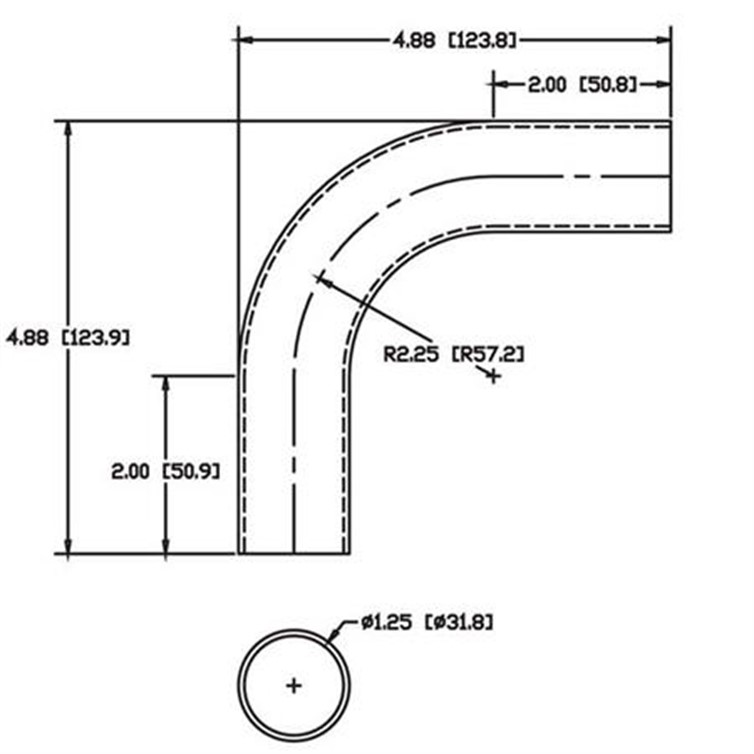 Steel Flush-Weld 90? Elbow with Two 2" Tangents, 1-5/8" Inside Radius for 1.25" Dia Tube 7858