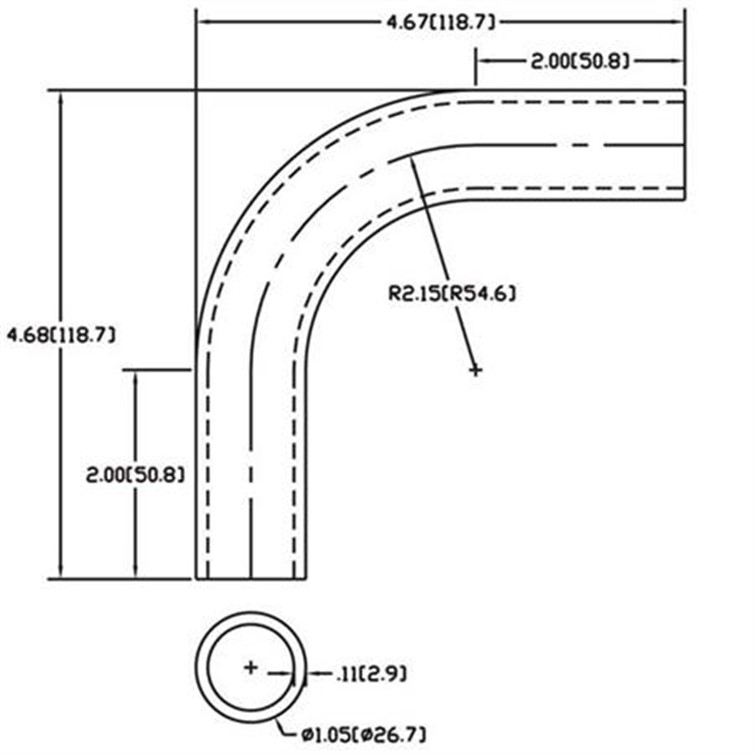 Steel Flush-Weld 90? Elbow with Two  2" Tangents, 1-5/8" Inside Radius for 3/4" Pipe 155-8