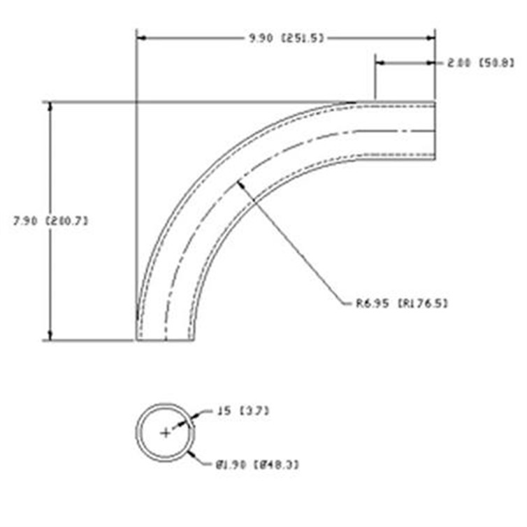 Steel Flush-Weld 90? Elbow with One 2" Tangent, 6" Inside Radius for 1-1/2" Pipe 7528