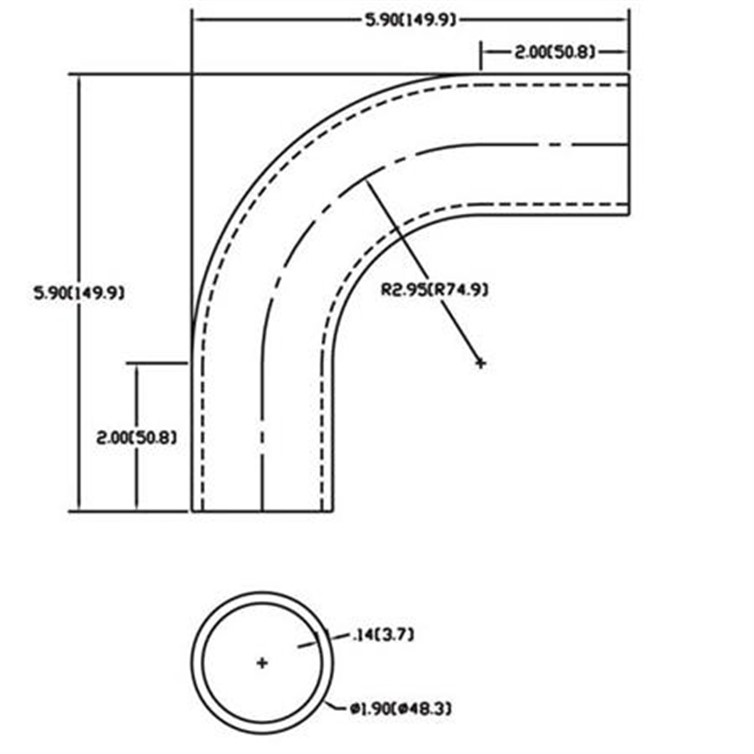 Bent Anodized Aluminum Flush-Weld 90? Elbow with Two 2" Tangents, 2" Inside Radius for 1-1/2" Pipe 365-7.AN