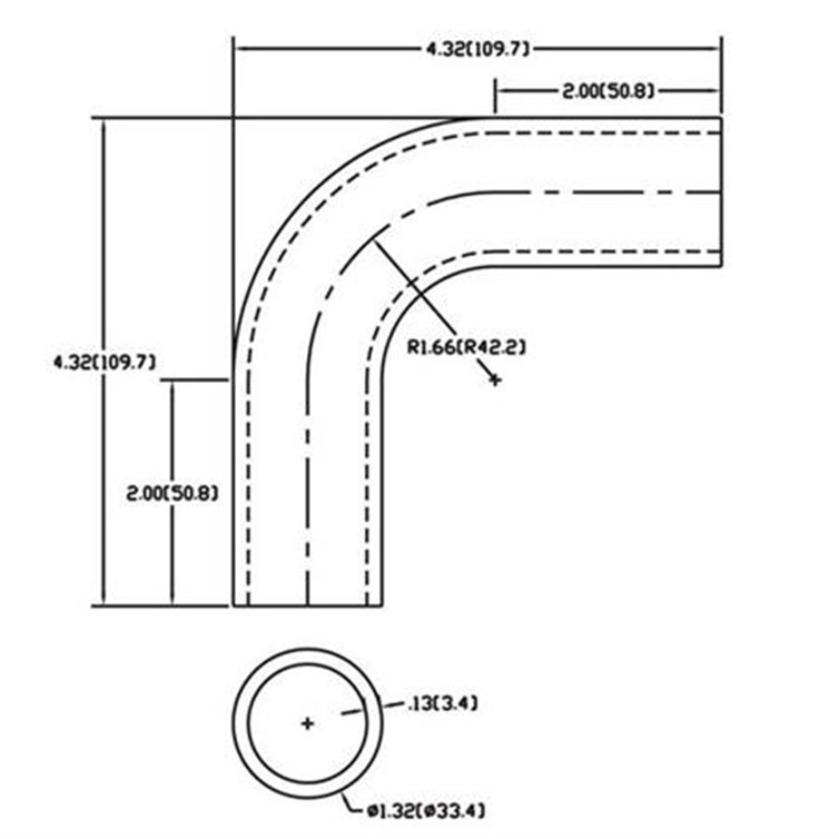 Stainless Steel Flush-Weld 90? Elbow with Two 2" Tangents, 1" Inside Radius for 1" Pipe 219S-2