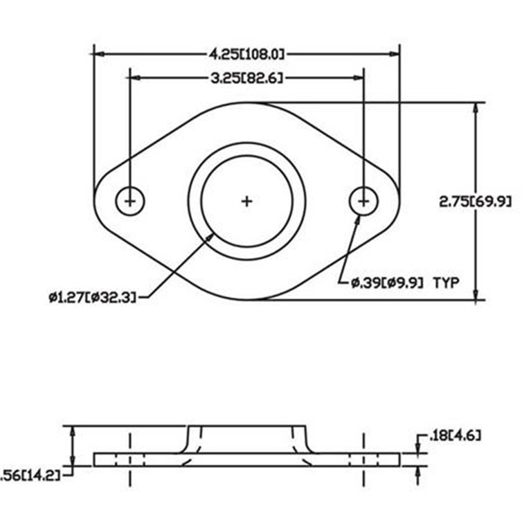 Steel Tapered Flat Base Flange for 1.25" Tube with Two Mounting Holes 4811T