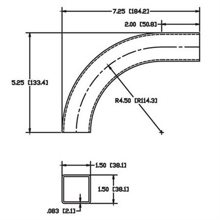 Steel 1.50" Square Tube Flush-Weld 90? Elbow with One 2" Tangent, 3-3/4" Inside Radius 6367