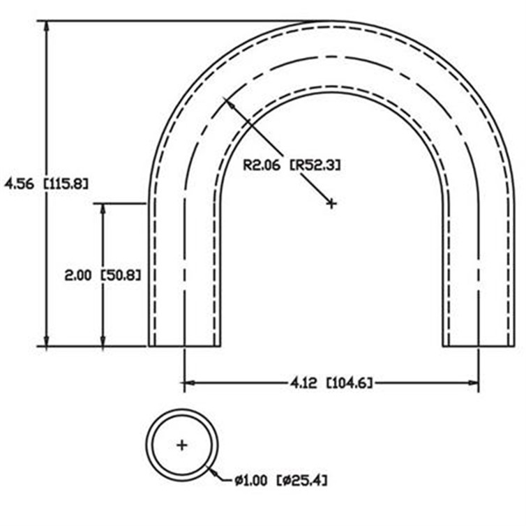 Stainless Steel Flush-Weld 180? Elbow w/ 2 Untrimmed Tangents, 1-5/8" Ins. Radius for 1.00" Dia Tube 7845B