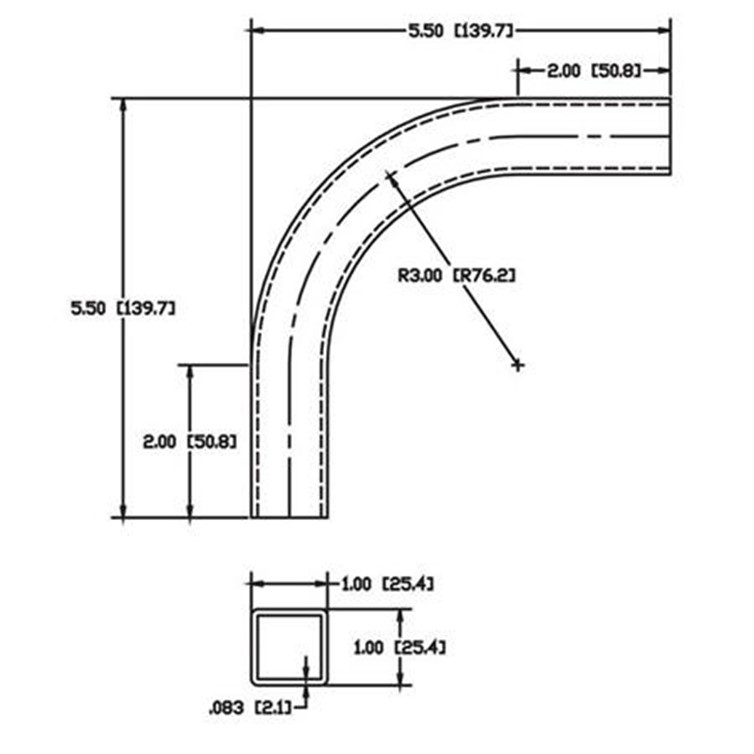 Aluminum 1" Square Tube Flush-Weld 90? Elbow with Two 2" Tangents, 2-1/2" Inside Radius 6408