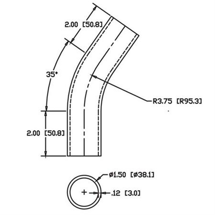 Stainless Steel Flush-Weld 35? Elbow with Two 2" Tangents, 3" Inside Radius for 1.50" Tube OD 6972