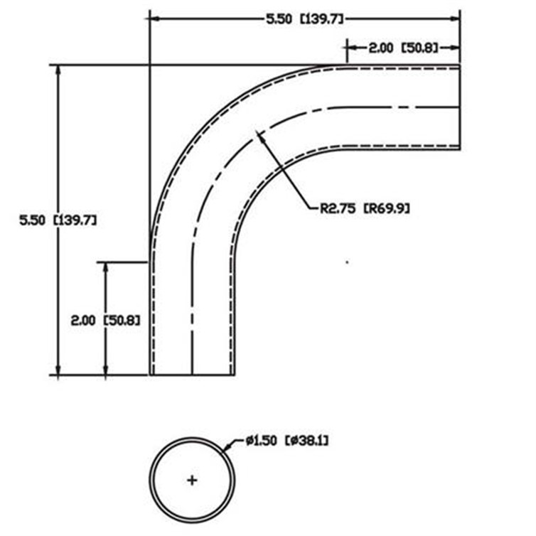 Aluminum Flush-Weld 90? Elbow w/ Two 2" Tangents, 2" Inside Radius, .120" Thick. for 1.50" Dia Tube 7924