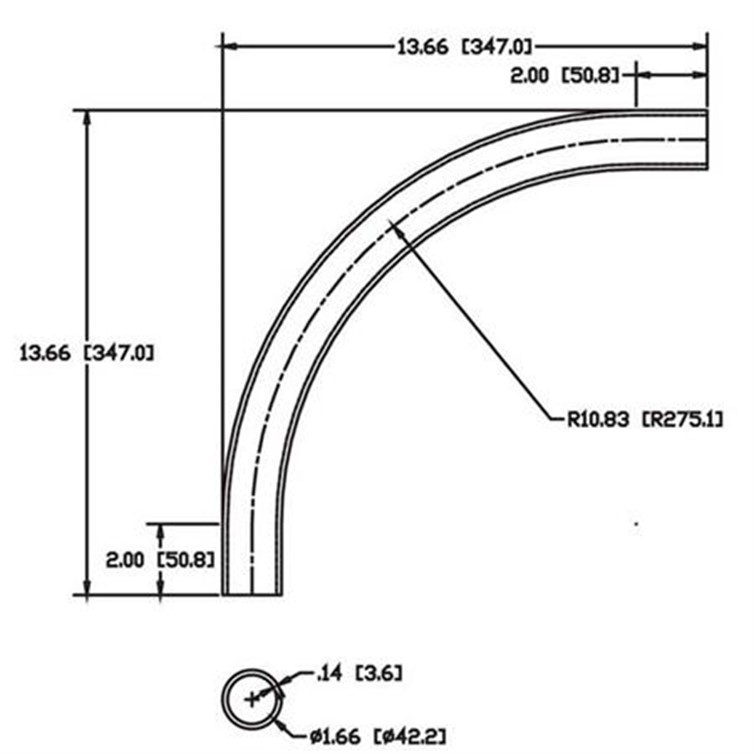 Stainless Steel Flush-Weld 90? Elbow with Two 2" Tangents, 10" Inside Radius for 1-1/4" Pipe 8286