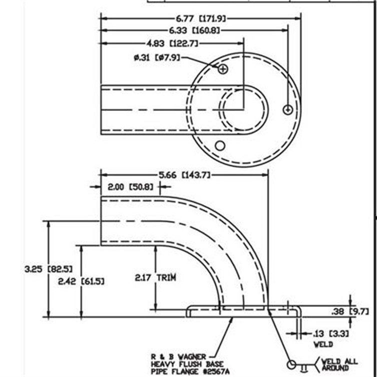 Wagner 3-Hole Aluminum Wall Return with 3-1/4" Projection, 1 Tangent, 1-1/4" Pipe 1161-3