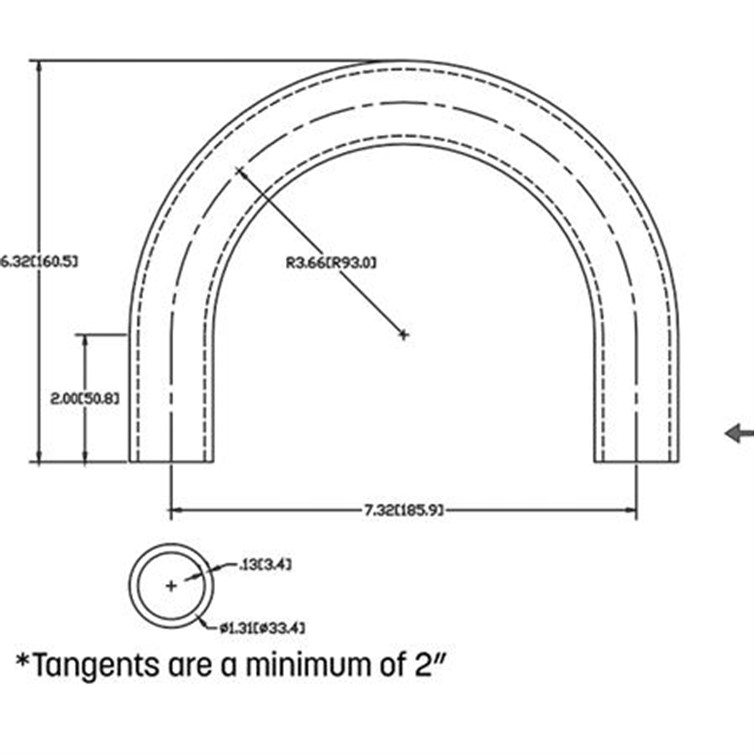 Stainless Steel Bent Flush-Weld 180? Elbow with 2 Untrimmed Tangents, 3" Inside Radius for 1" Pipe  527-7B