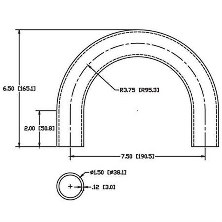 Steel Flush-Weld 180? Elbow with Two 2" Tangents, 3" Inside Radius for 1.50" Dia Tube 6963