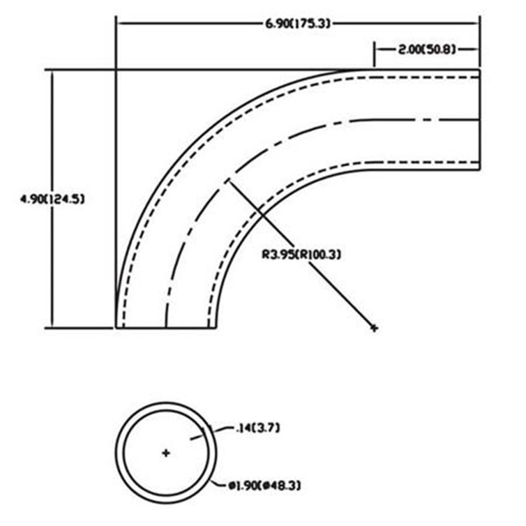 Aluminum Bent Flush-Weld 90? Elbow with One 2" Tangent, 3" Inside Radius for 1-1/2" Pipe 367-3